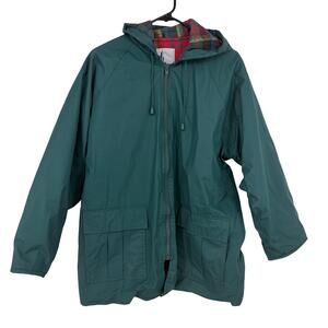 Misty Harbor Original Vintage Green Plaid Flannel Lining Hooded Rain Coat Size L